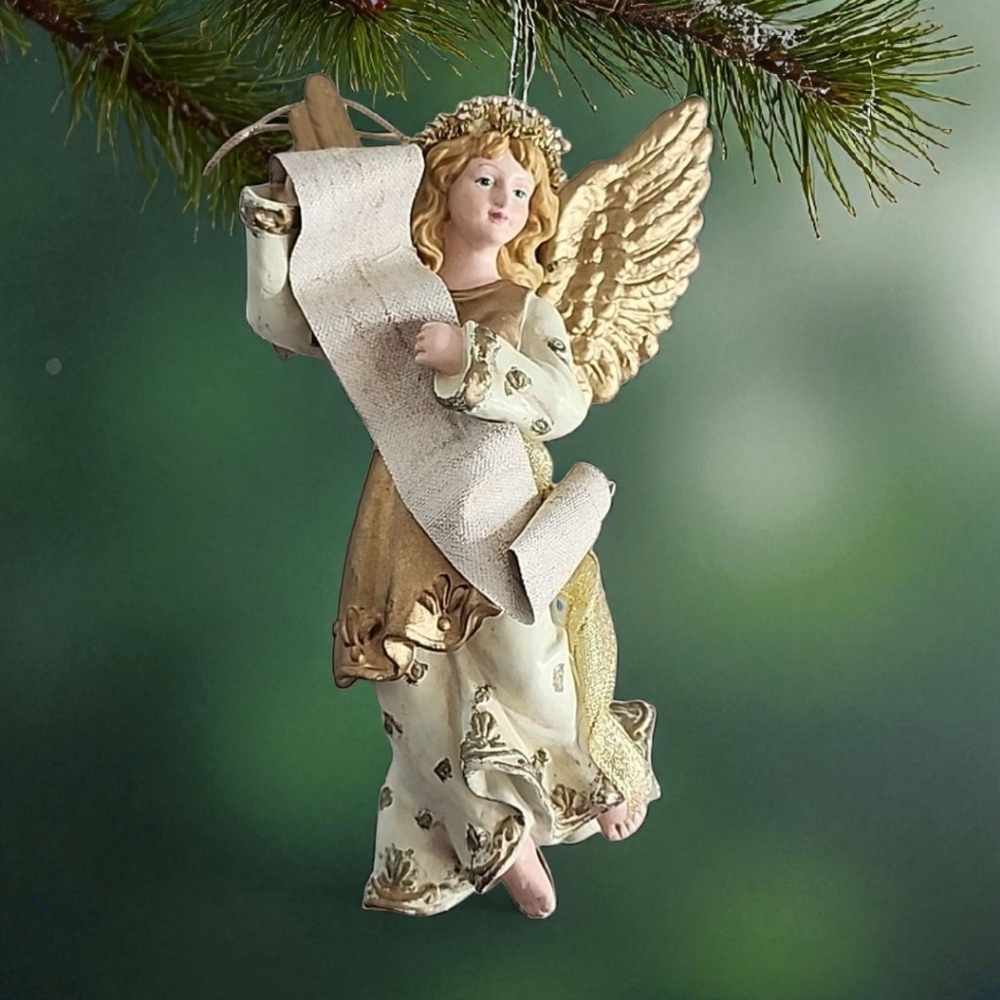 Angel Christmas Ornament – Plastic Holiday Decoration – Angel with Scroll VTG